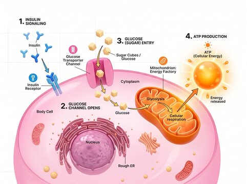 Scientific illustration showing the process of insulin signaling and glucose metabolism in a human cell.