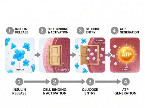 Educational infographic showing the biological process of insulin release and cellular glucose uptake for energy production.