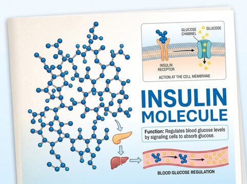 Educational diagram illustrating the structure and biological function of the insulin molecule in human blood glucose regulation.