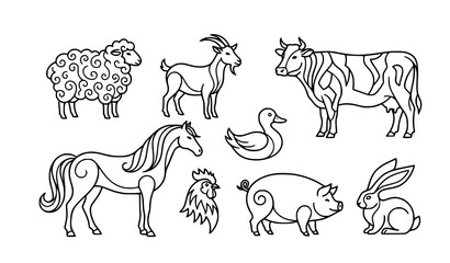 Obraz premium Stylized Agricultural Farm Animal Line Art Vector Collection