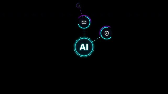 Artificial intelligence network hub connecting various digital business and tech services, node data flow on 4k transparent background alpha channel video
