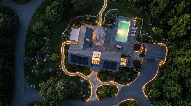 a modern luxury house at night with glowing pathway lights and swimming pool.