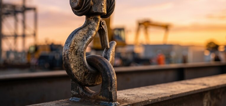 a heavy industrial crane hook lifting a steel beam in a construction site at sunset.