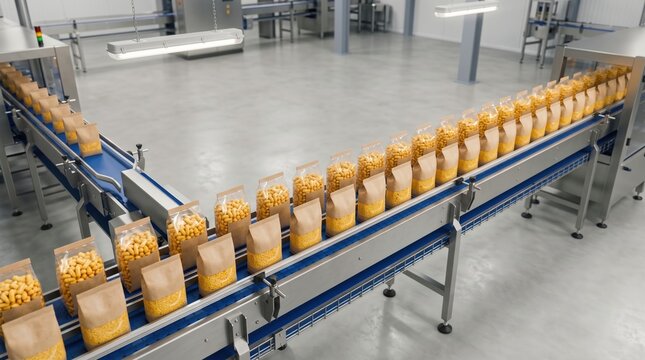 a manufacturing factory conveyor belt carrying packaged snack food bags in a production line.