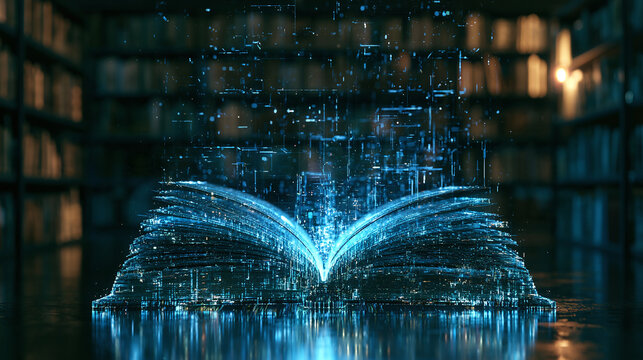 Magical open book with digital glowing light particles in old library
