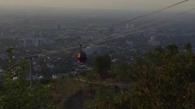 Aerial View of Almaty City and Cable Car Transport at Kok Tobe in Kazakhstan