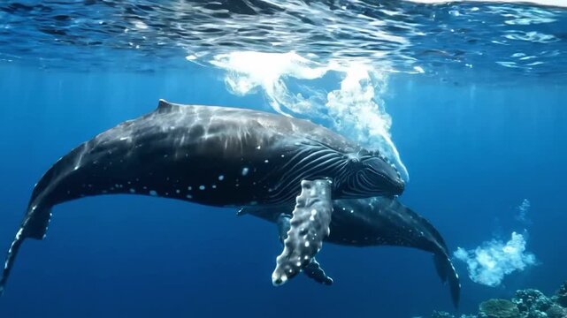 Humpback whales swim near coral reefs in their natural habitat