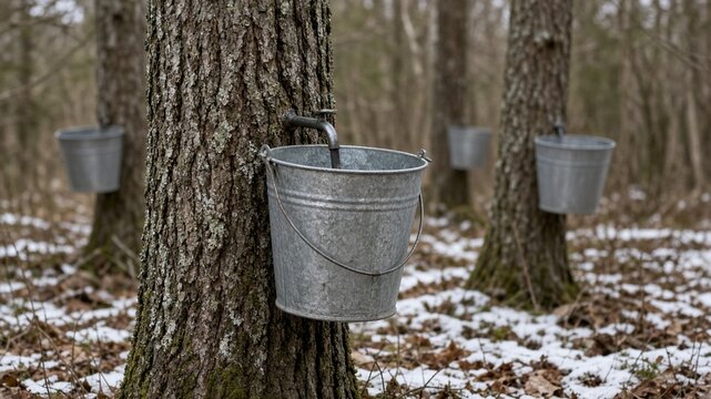 Maple tapping buckets on tree trunks soft