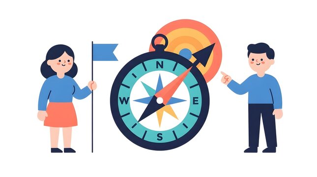 Business teamwork concept with man and woman guiding direction using compass, target board, and holding success flag vector illustration