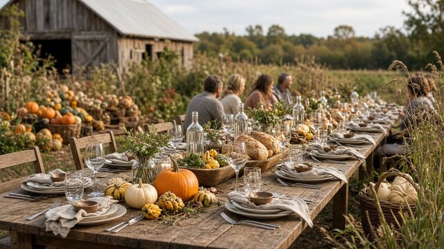 Outdoor farm dinner long table harvest