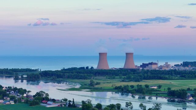 Enrico Fermi II nuclear power plant emitting vapor from its cooling towers in Berlin Township, Michigan, USA
