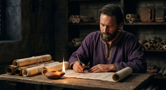 King Solomon Writing Proverbs With Divine Wisdom, Old Testament Biblical Story of Wisdom and Understanding

