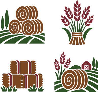 Illustrated agricultural icons featuring hay bales and wheat sheaves on transparent background