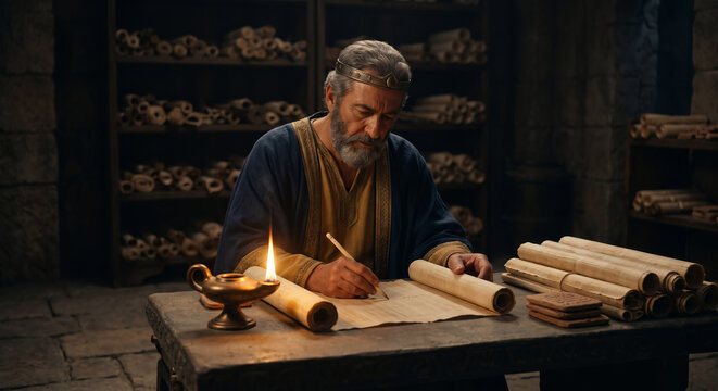 King Solomon Writing Proverbs With Divine Wisdom, Old Testament Biblical Story of Wisdom and Understanding
