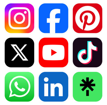 Set of popular social media app icons, such as X, LinkedIn, Whatsapp and others, on transparent background, vector illustration. Social media concept