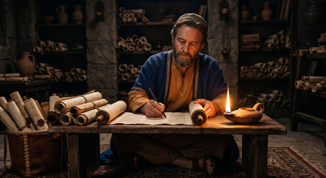 King Solomon Writing Proverbs With Divine Wisdom, Old Testament Biblical Story of Wisdom and Understanding
