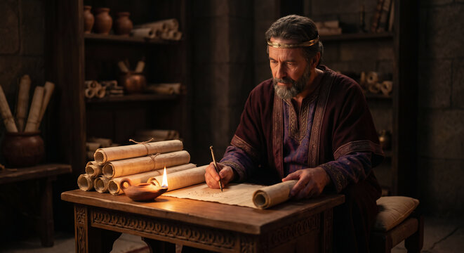 King Solomon Writing Proverbs With Divine Wisdom, Old Testament Biblical Story of Wisdom and Understanding
