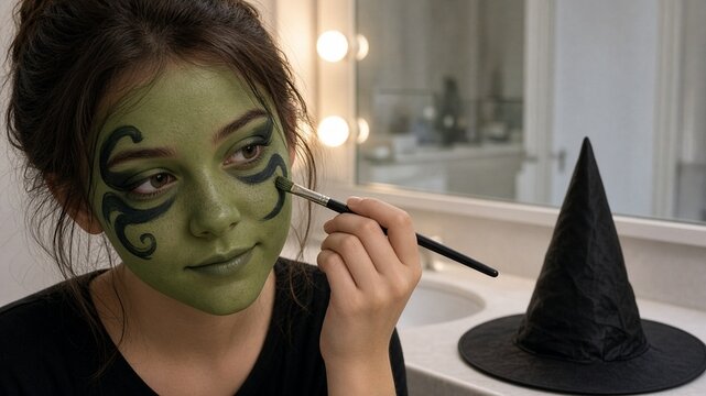 Teen applying green face paint for witch look