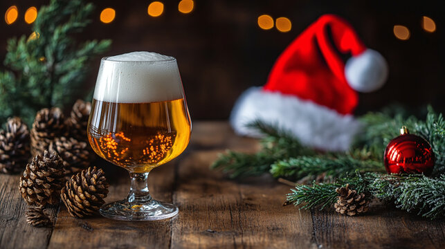 Festive holiday beer glass with frothy foam head on rustic wooden table surrounded by pine cones green fir branches red Christmas ornament and red Santa hat with bokeh light background winter season p