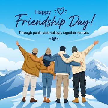 Happy Friendship Day Vector Illustration of Four Friends Hugging on Snowy Mountain Peak