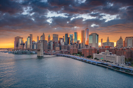 Manhattan, New York City, USA. Aerial cityscape image of Manhattan, New York City at twilight blue hour.
