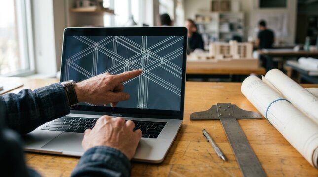Engineer pointing at laptop showing wireframe beam diagram beside rolled architectural blueprints and steel T-square on drafting desk