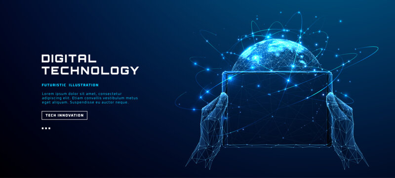 Global network connects digital world through futuristic tech interface. Blue planet visualization shows worldwide business data and international communication concept. Vector illustration