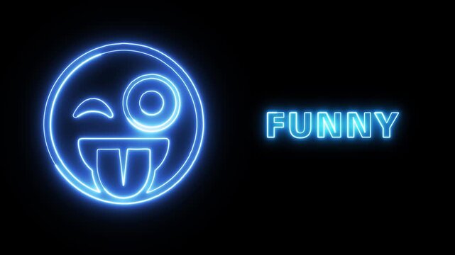 Neon blue glowing emoji icon representing a funny face with a winking eye and sticking out tongue on a black background