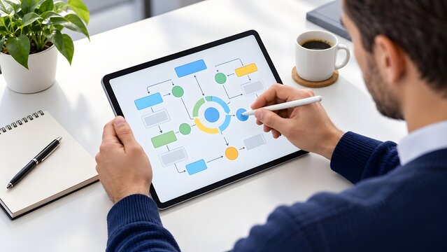 Professional designing a colorful business process flowchart on a digital tablet to optimize corporate workflow and project strategy
