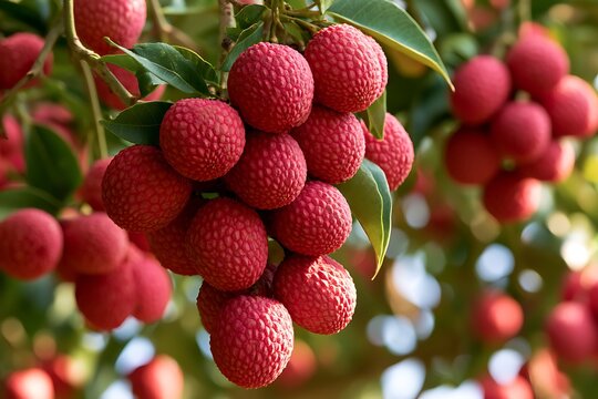 Juicy red lychee fruits hanging in heavy clusters on tree branches, vibrant red skin texture, fresh tropical fruit concept.