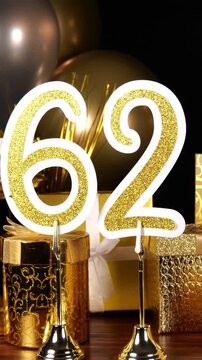 Gold Number 62 with Gold Glitter Sparkles with Gifts and Balloons and Cupcakes for Party Sixty Two
