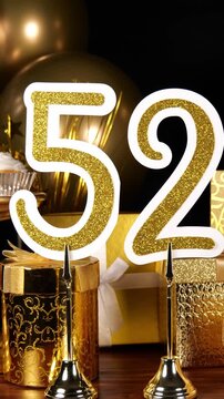 Gold Number 52 with Gold Glitter Sparkles with Gifts and Balloons and Cupcakes for Party Fifty Two