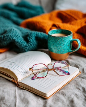 A pair of stylish, colorful glasses with pink and purple accents rests on an open notebook filled with handwritten notes