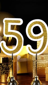 Gold Number 59 with Gold Glitter Sparkles with Gifts and Balloons and Cupcakes for Party Fifty Nine