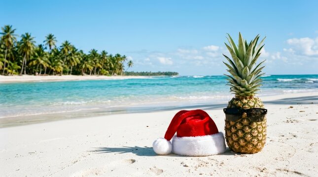 Tropical Christmas Holiday Concept with Pineapple in Sunglasses and Santa Hat on White Sand Beach in Summer Vacation