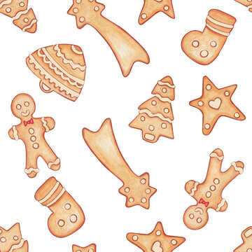 Seamless gingerbread cookie Christmas pattern