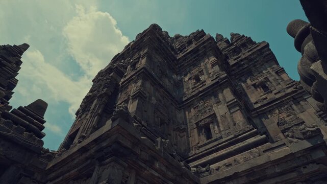 Towering Stone Facade of Ancient Candi Prambanan in Java