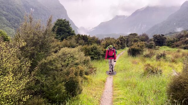 A tramper in a red jacket walks a grassy valley trail towards the camera on the Kepler Track, with misty bush covered mountains closing the valley. Static wide shot