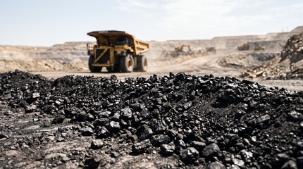 Obraz premium Large Heavy Mining Truck Transporting Coal from an Open Pit Quarry