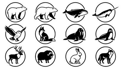 Obraz premium Arctic Animals Black and White Circular Vector Icon Set