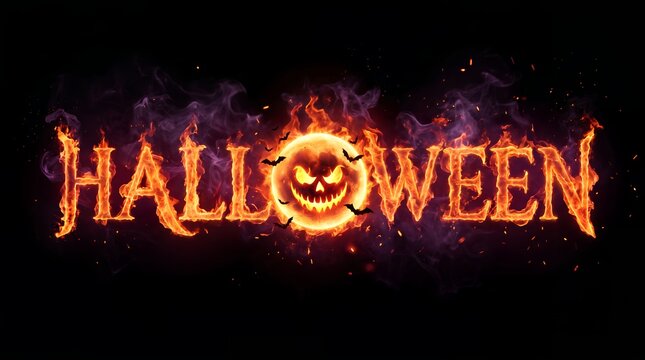 Fiery Halloween text effect with spooky pumpkin on black background