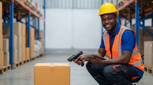 Smiling African American Warehouse Worker Scanning Package with Barcode Reader and Tablet in Logistics Distribution Center