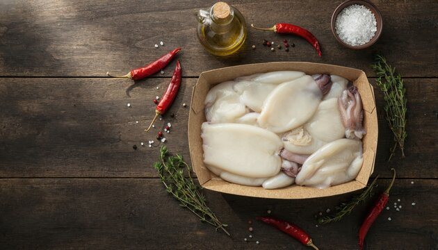 Fresh cuttlefish with Mediterranean ingredients on rustic wood