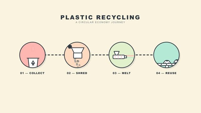 A 2D flat minimalist explainer loop about recycling plastic bottles. 4 stages connected by dotted lines: COLLECT, SHRED, MELT, REUSE.