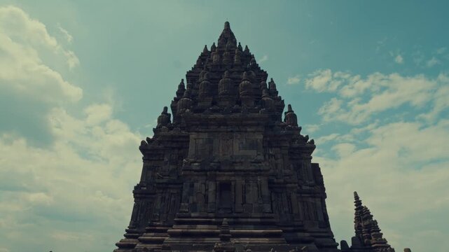 Symmetrical Low Angle View of Intricate Ancient Temple Facade