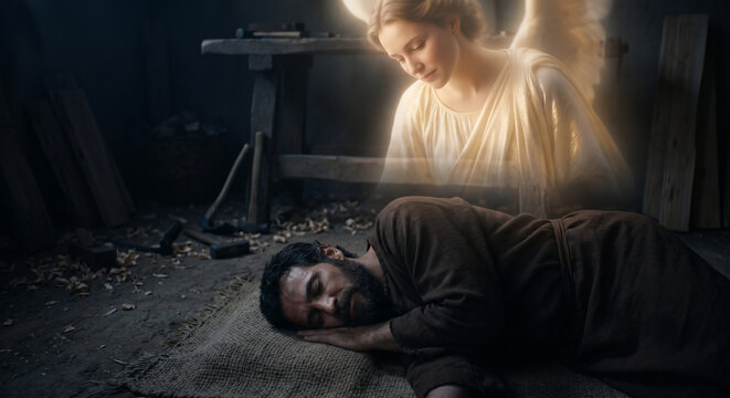 Joseph Dreaming of an Angel Reassuring Him About Mary and the Birth of Jesus, Matthew 1 Biblical Story
