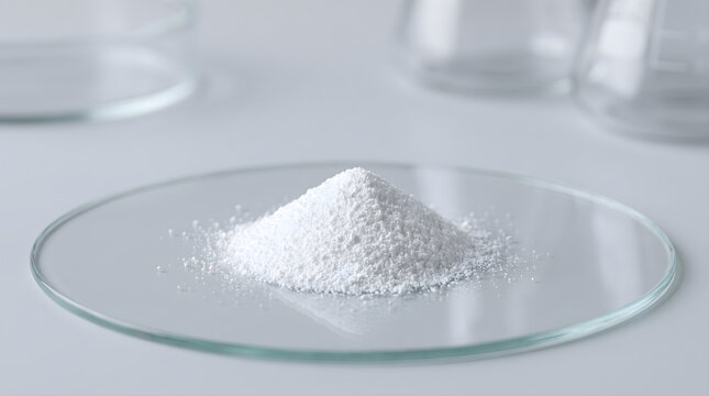 A pile of white allantoin powder on a glass petri dish in a chemistry laboratory with scientific glassware