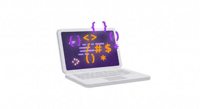 3d render of laptop with programming code and symbols on screen isolated on white background