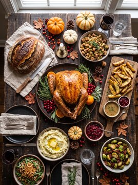 Abundant Thanksgiving Feast on Rustic Wooden Table with Roasted Turkey, Stuffing, Potatoes, Bread, and Autumn Decor