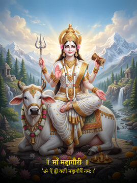 Goddess Mahagauri Radiant Divine Portrait with Sacred Trident and Peaceful Himalayan Background